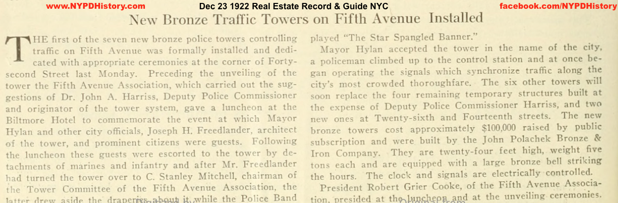 19221223 traffic Towers Replaced Fifth Ave - Real Estate Record & Builders Guide v 110 p 806 copy