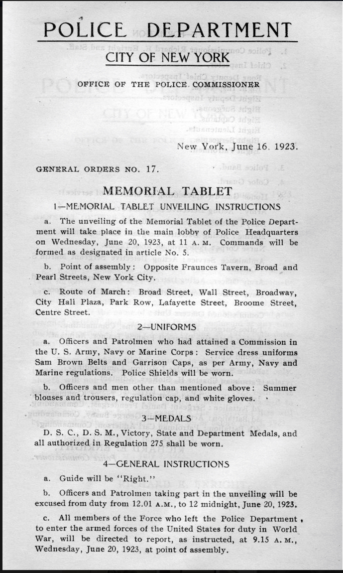 1923 - General Order - Describing the ceremony for the unveiling of the War Memorial tablet at HQ