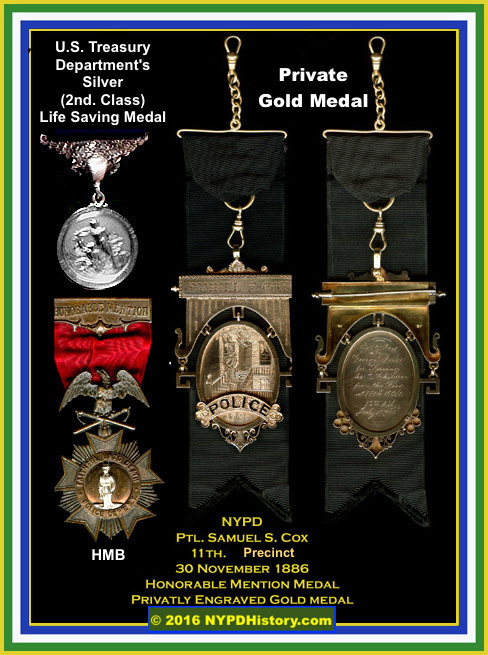 The top left is a Treasury Department's Silver (2nd Class) Life Saving Medal. below that is a HMB and to the right, an ornate gold private medal. 